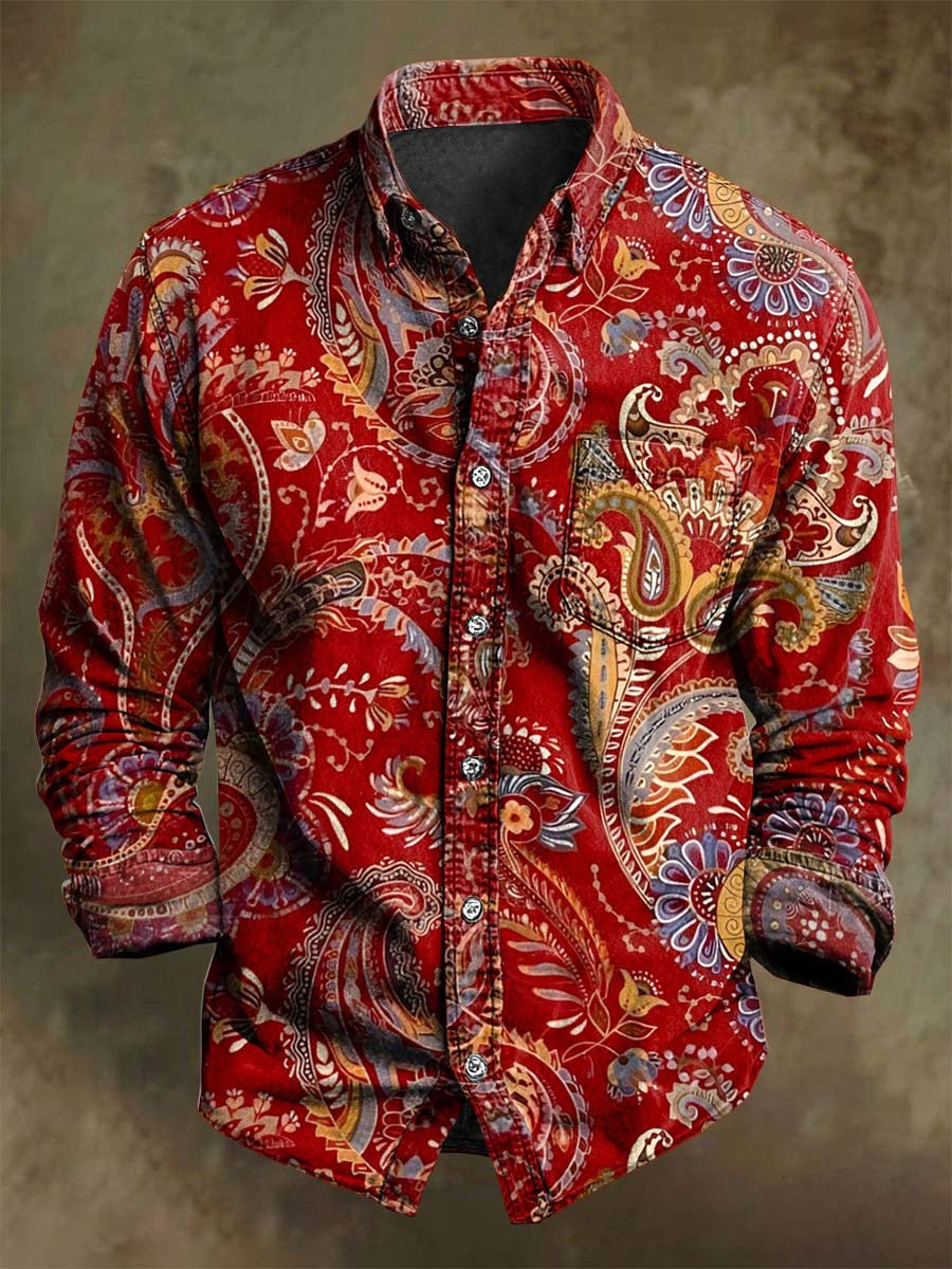 Retro Paisley Floral Print Casual Long-Sleeve Shirt