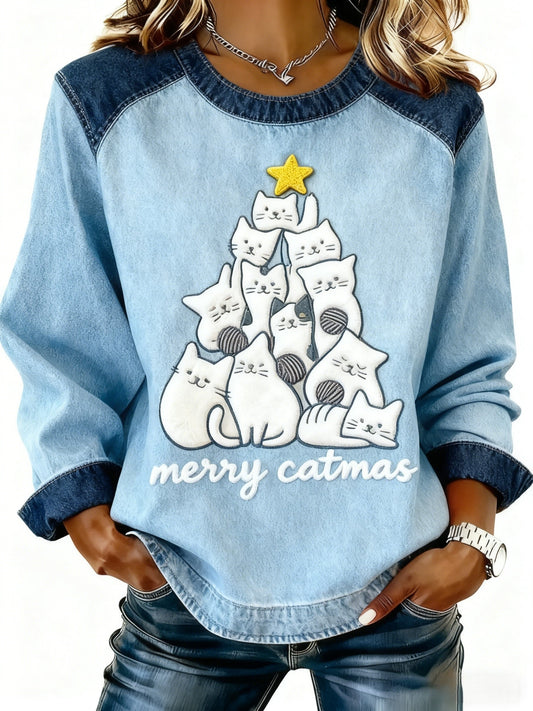 Women's Vintage Denim Patchwork Cat Christmas Tree Art Print Long-sleeve Patchwork Sweatshirt