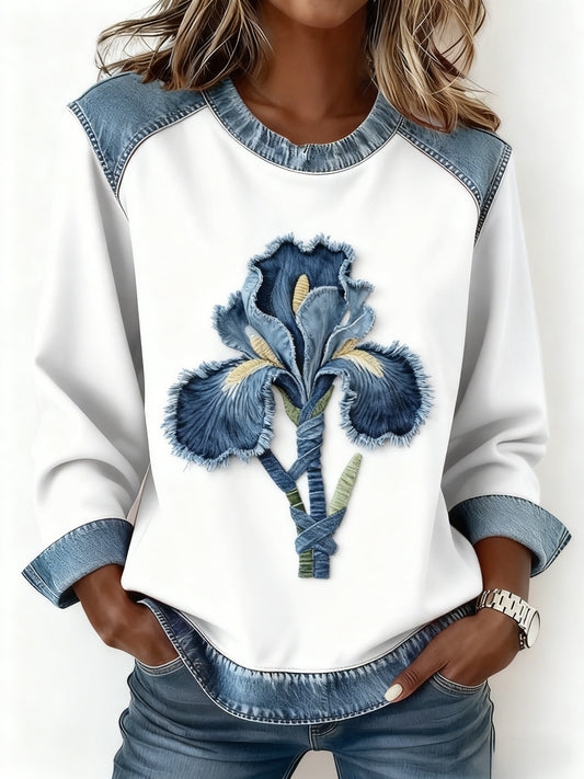 Women's Vintage Denim Patchwork Floral Art Print Long-sleeve Patchwork Sweatshirt