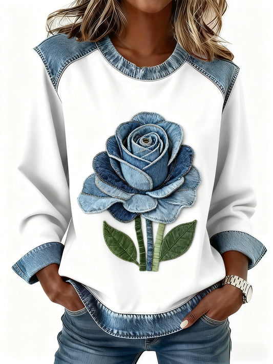 Women's Vintage Denim Patchwork Floral Art Print Long-sleeve Patchwork Sweatshirt