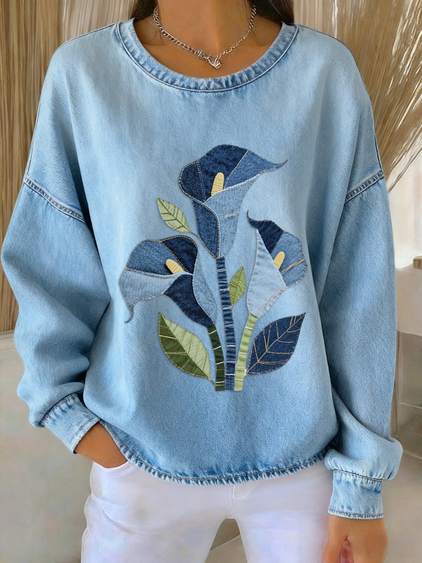 Retro Denim Floral Patchwork Art Printed Casual Loose Long Sleeve Sweatshirt