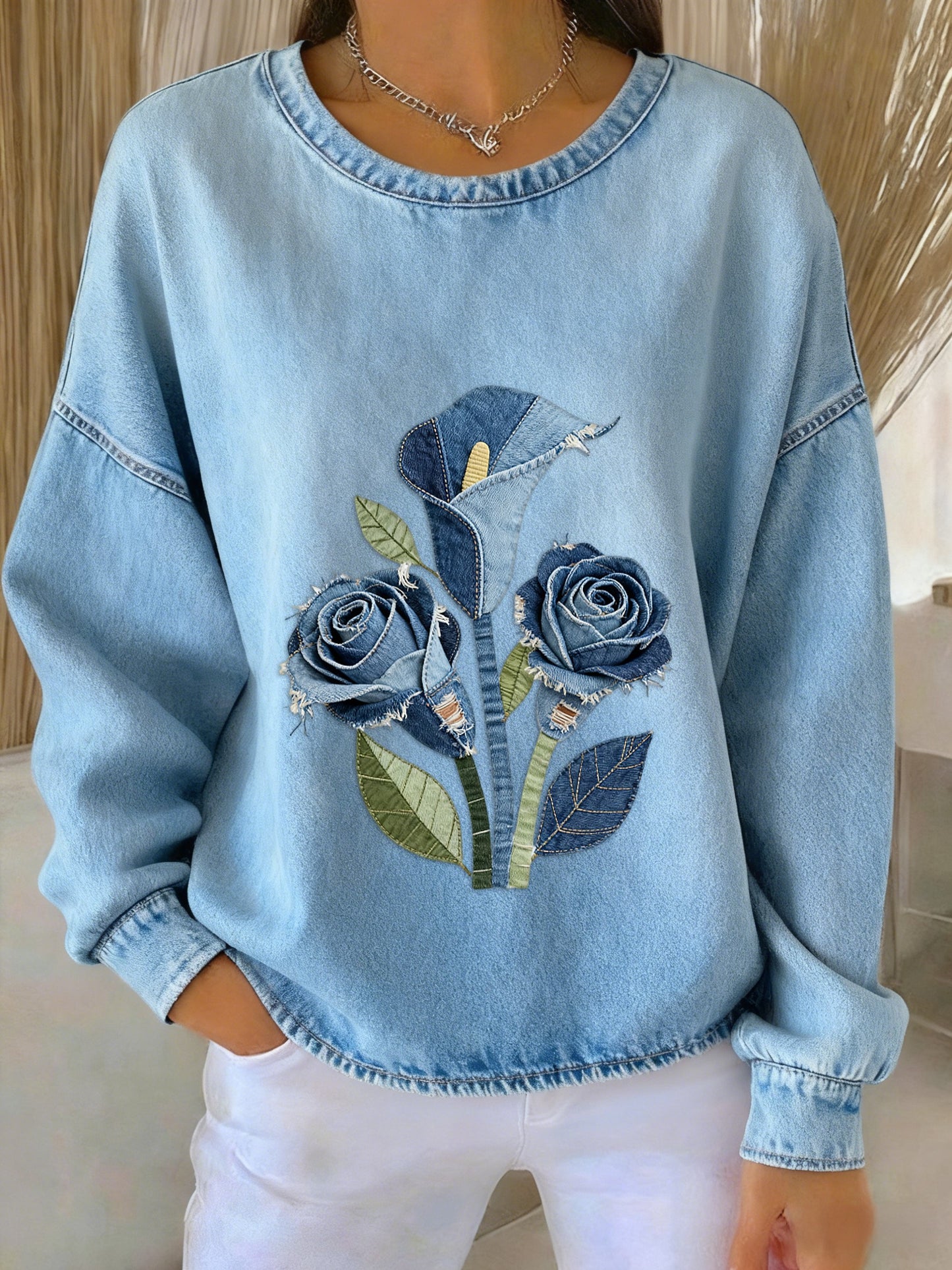 Retro Denim Floral Patchwork Art Printed Casual Loose Long Sleeve Sweatshirt
