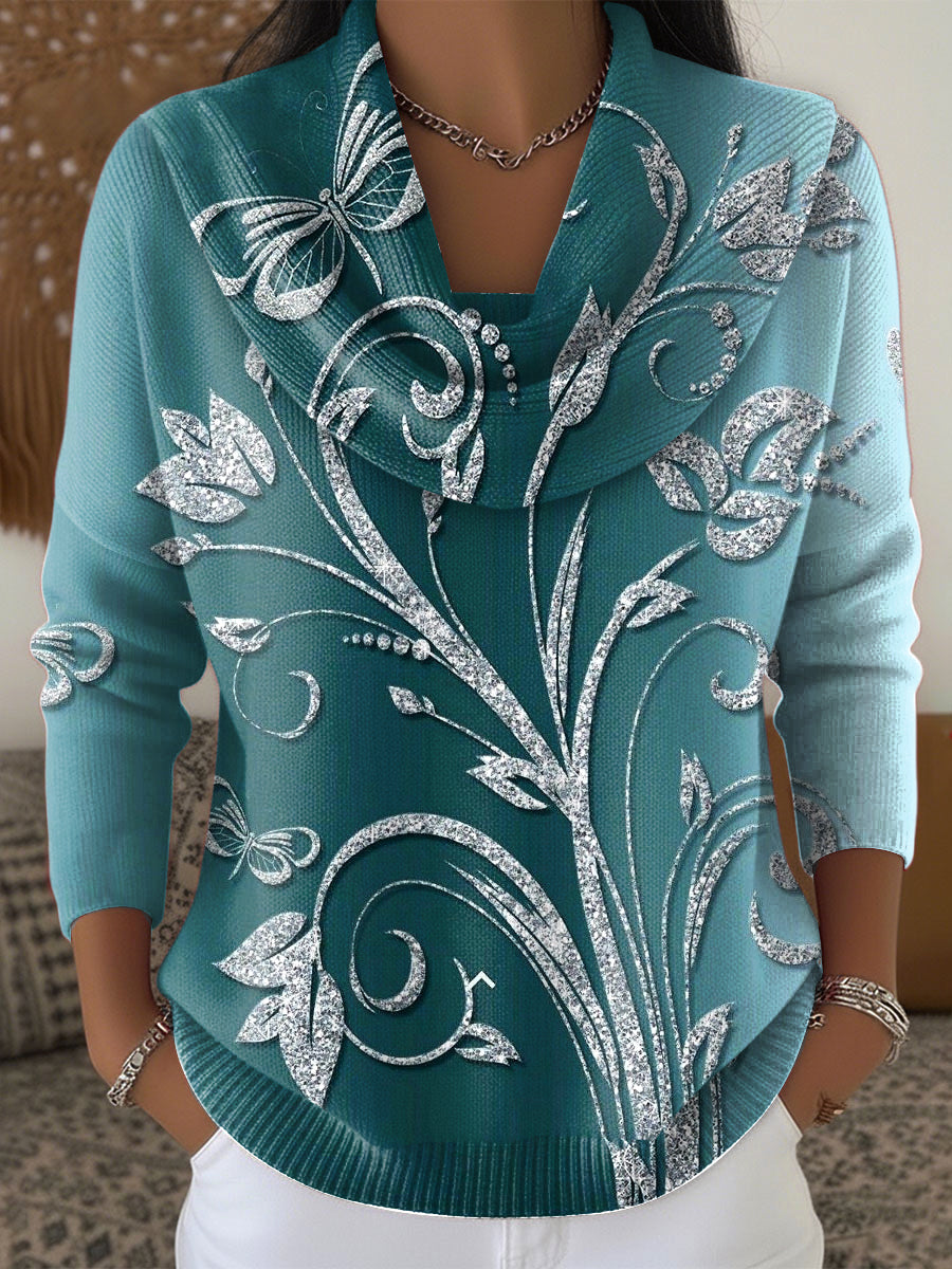 Women's Gradient Glitter Floral Sweater