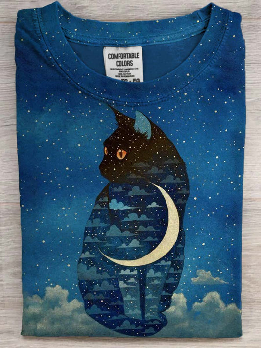 Abstract Moon Cat Print Casual Short-Sleeve T-Shirt