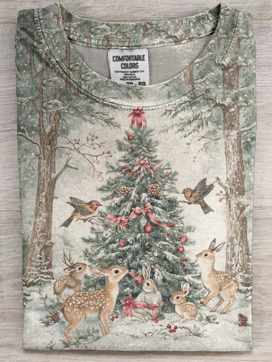 Forest Animals Christmas Tree Print Casual Short-Sleeve T-Shirt