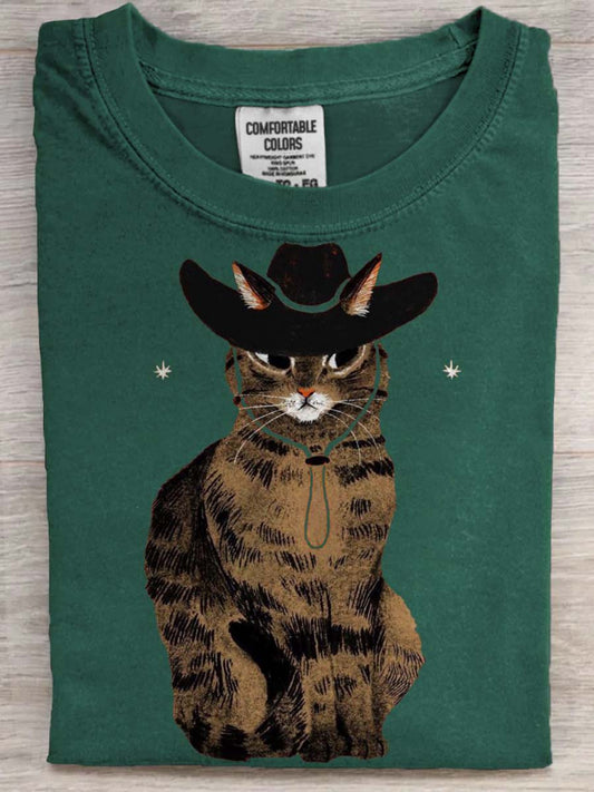 Cowboy Cat Print Casual Short-Sleeve T-Shirt