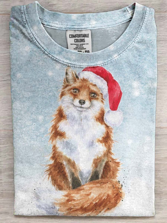 Christmas Fox Print Casual Short-Sleeve T-Shirt