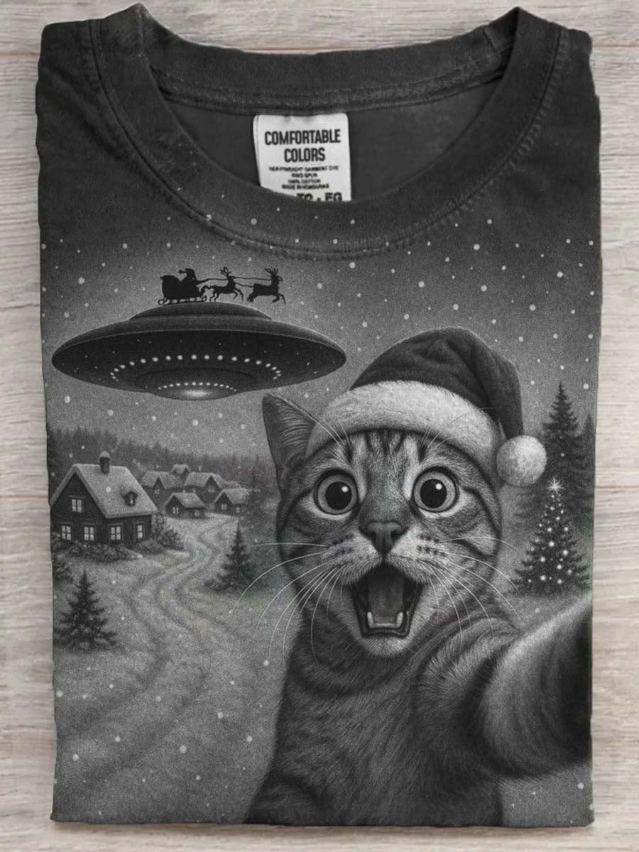Christmas Cat UFO Sleigh Print Casual Short-Sleeve T-Shirt