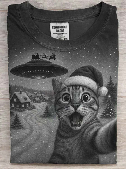 Christmas Cat UFO Sleigh Print Casual Short-Sleeve T-Shirt