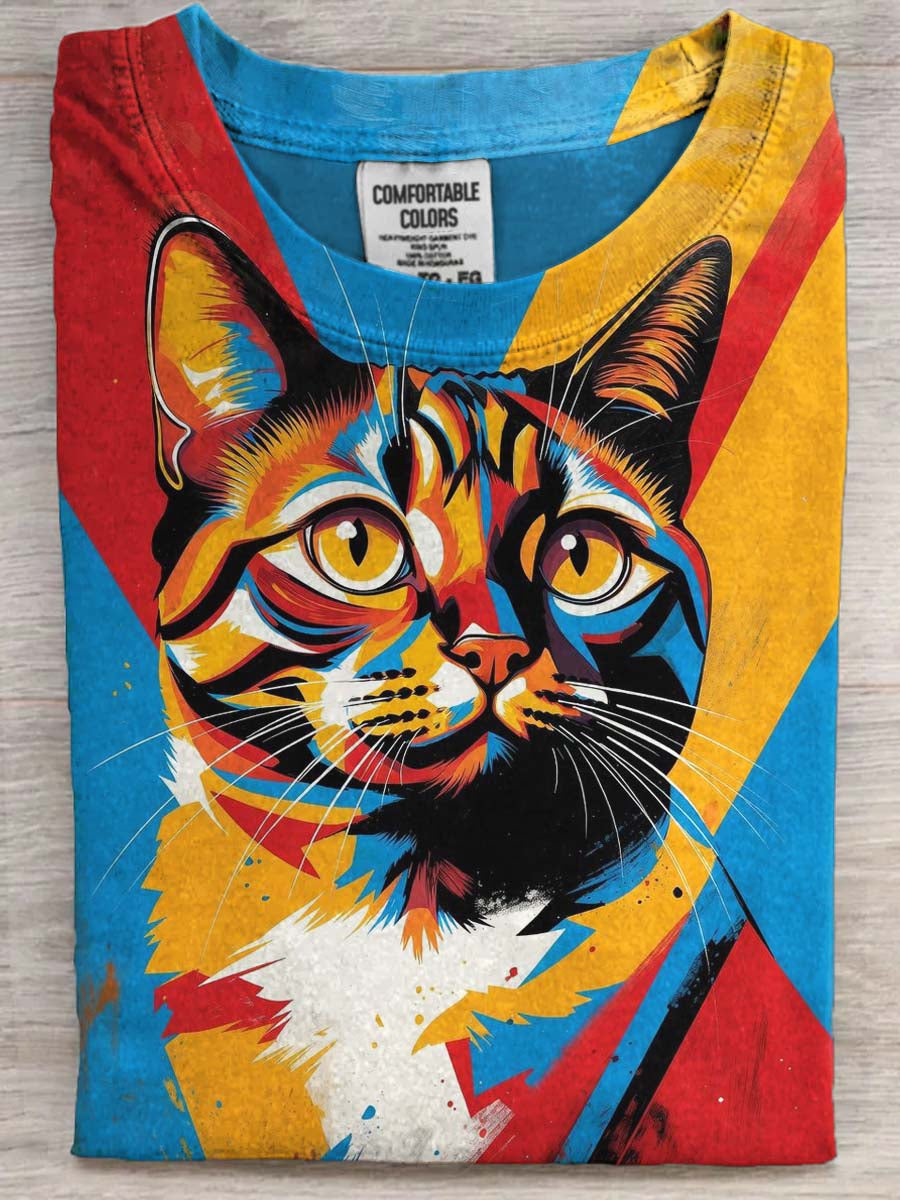 Abstract Colorful Cat Print Casual Short-Sleeve T-Shirt
