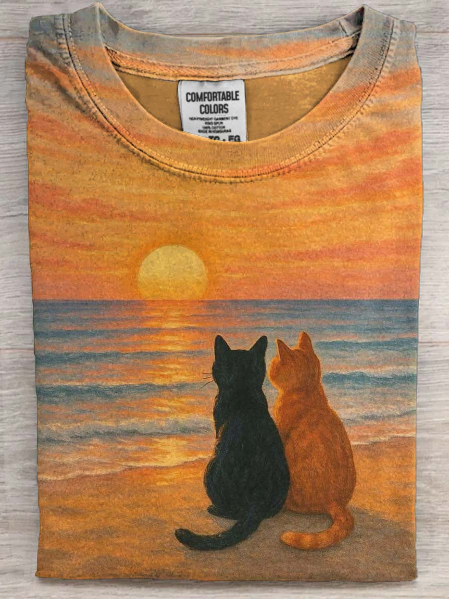 Beach Sunset Cat Print Casual Short-Sleeve T-Shirt