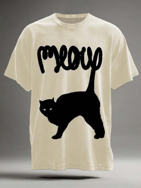 Abstract Black Cat Print Casual Short-Sleeve T-Shirt