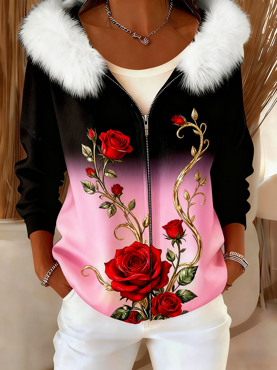 Women's Retro Floral Art Comfortable Plush Hooded Cardigan