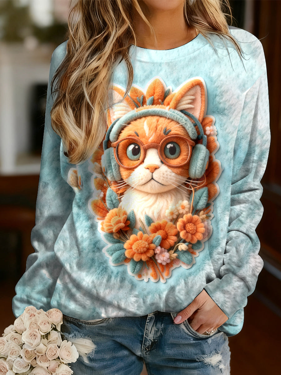 Women's Blue Cat Long-Sleeved T-Shirt