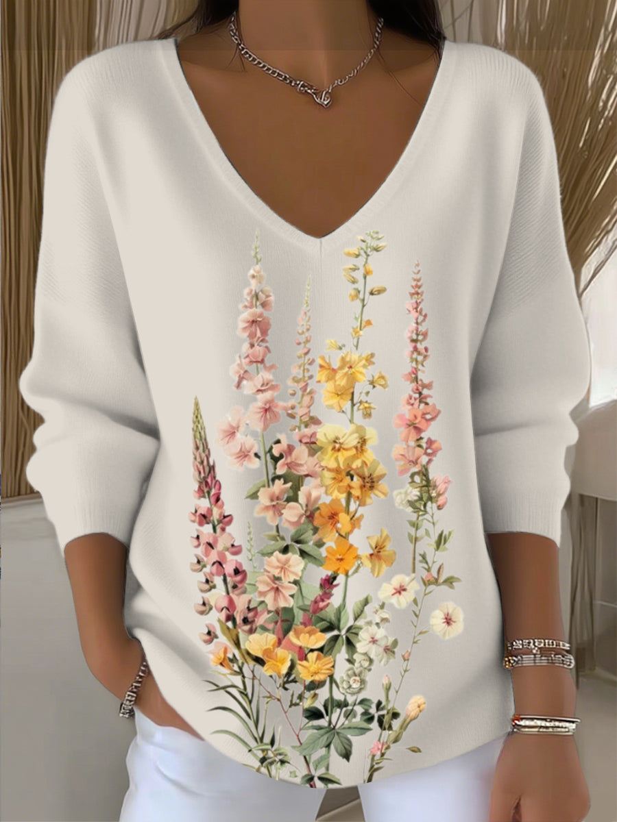 Women's White Multicolor Floral Print V - Neck Top