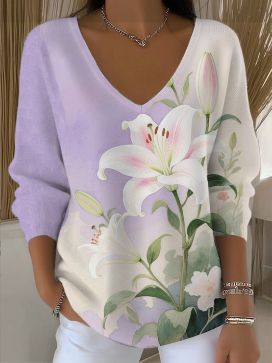 Women's Lavender Lily Print V - Neck Top