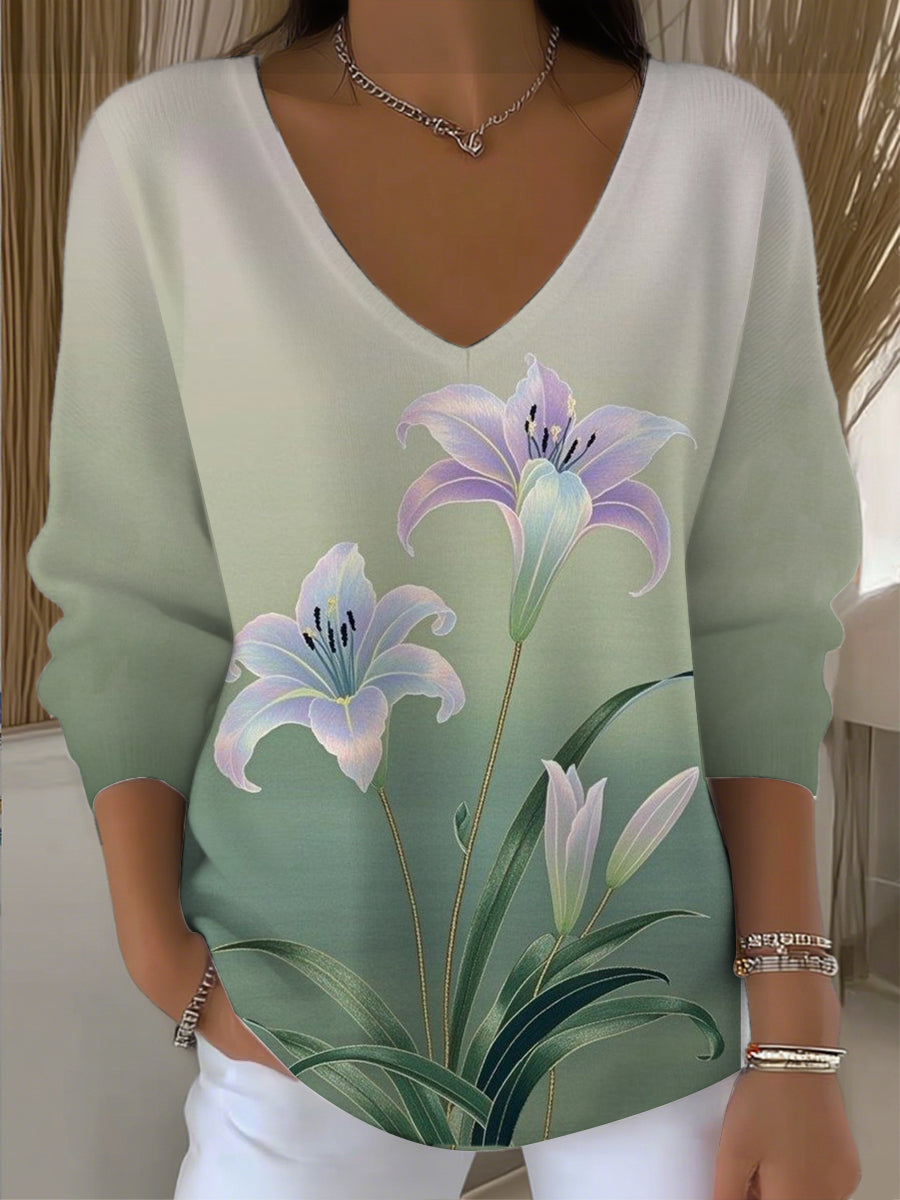 Women's Green Lily Print V - Neck Top