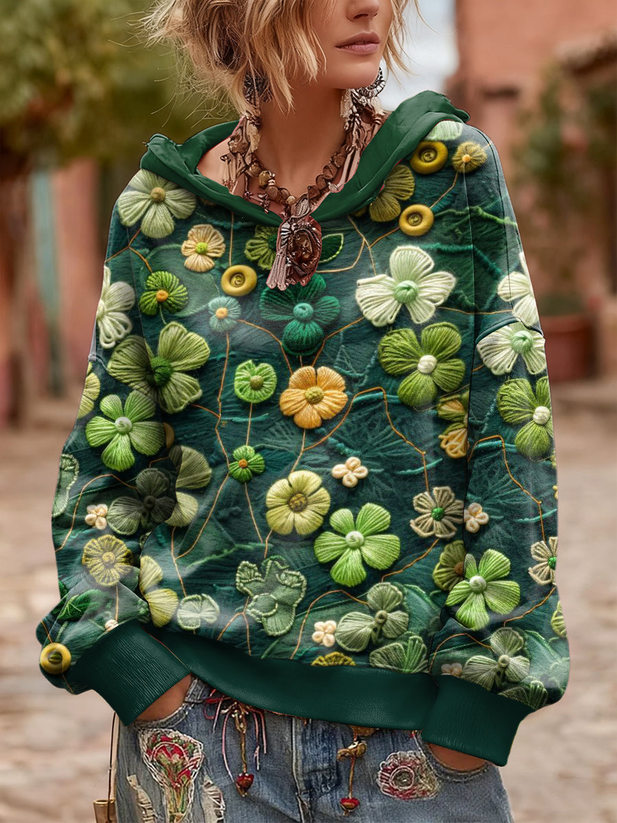 Women's Green Floral Casual Hooded Sweatshirt