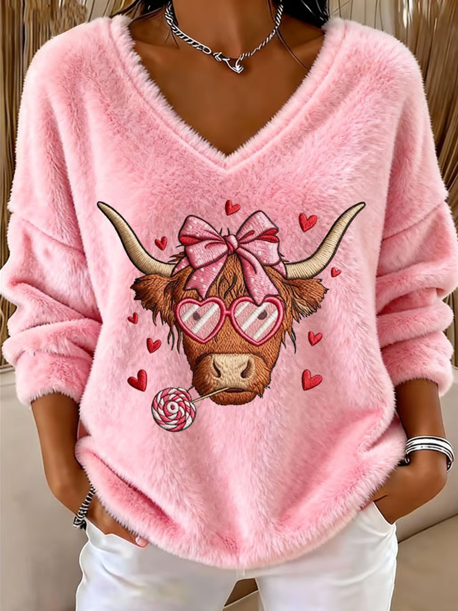 Women's Highland Sweetheart Cow Flannel V-Neck Top