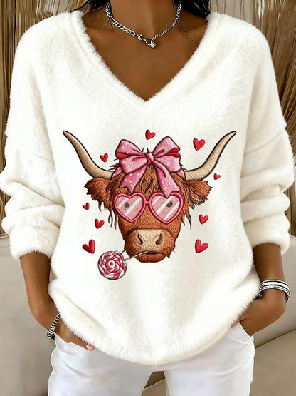 Women's Highland Sweetheart Cow Flannel V-Neck Top