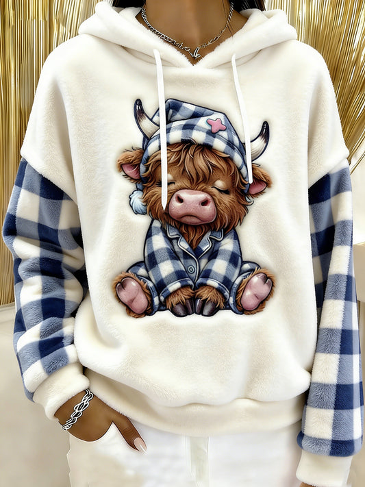 Women's Cute Winter Highland Cow Flannel Hoodie