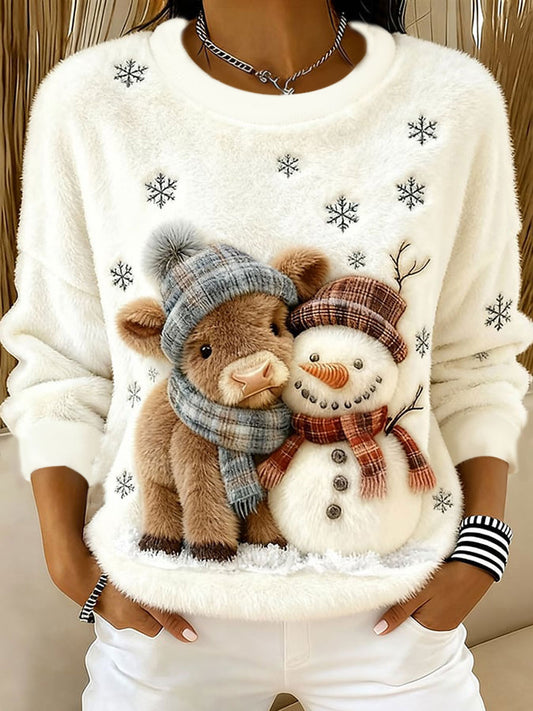 Winter Highland Cow Snowman Print Flannel Sweatshirt