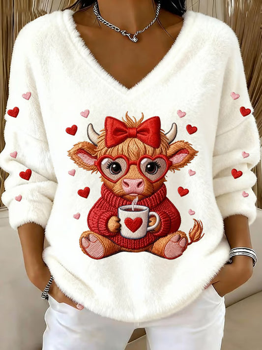 Women's Highland Sweetheart Cow Flannel V-Neck Top