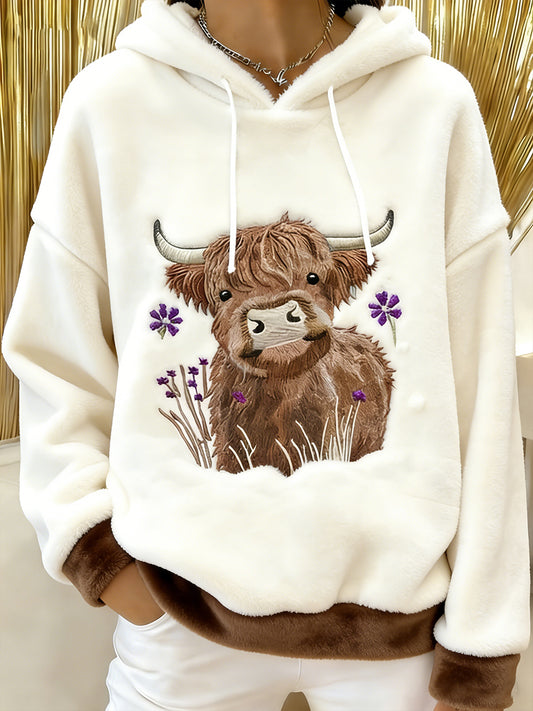 Women's Cute Winter Highland Cow Flannel Hoodie