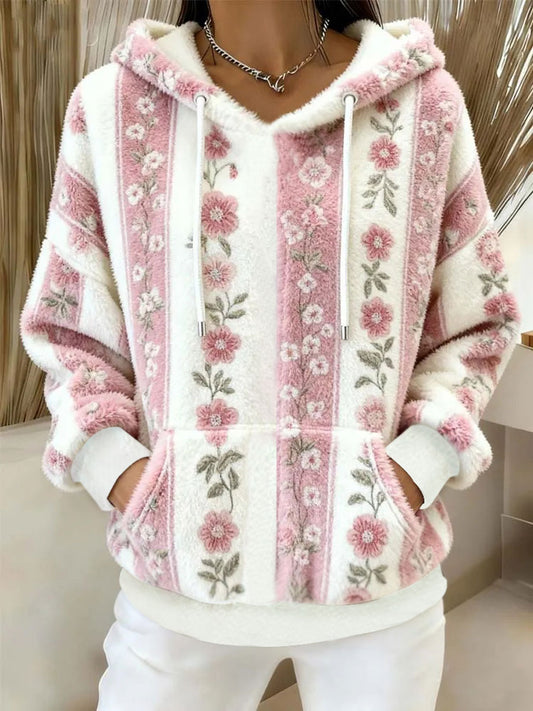 Women's Pink Floral Print Casual Hoodie