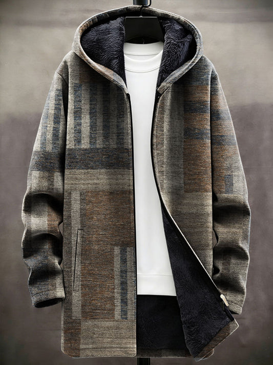 Men's Geometric Art Fleece-Lined Long Coat