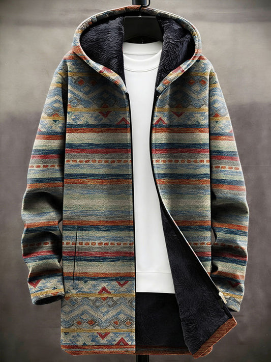 Men's Geometric Art Fleece-Lined Long Coat