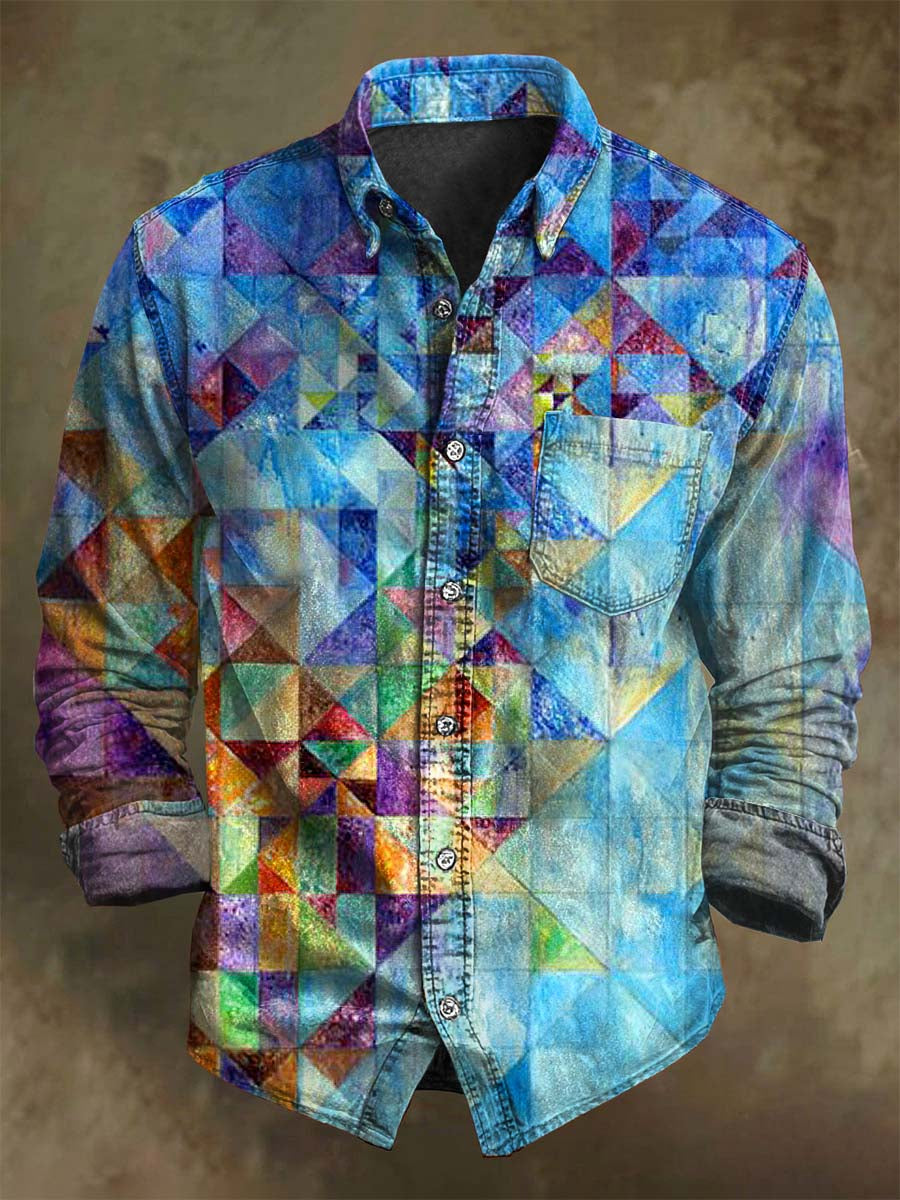 Abstract Irregular Check Print Casual Long-Sleeve Shirt