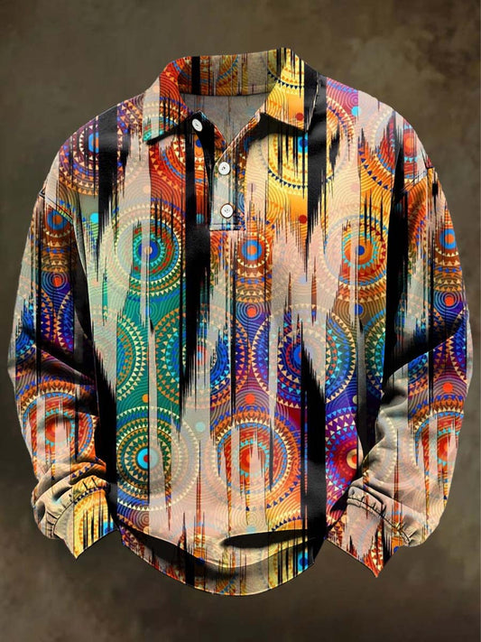 Abstract Gradient Floral Print Casual Long-Sleeve Polo Shirt