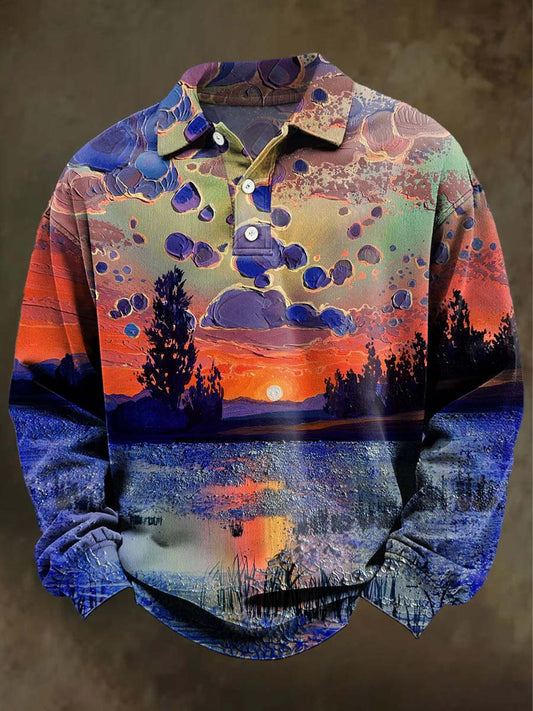 Abstract Lakeside Sunset Print Casual Long-Sleeve Polo Shirt