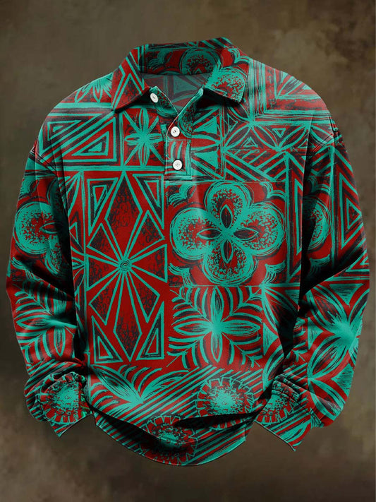 Abstract Vintage Geometric Floral Print Casual Long-Sleeve Polo Shirt