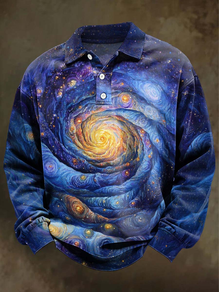 Abstract Psychedelic Swirl Print Casual Long-Sleeve Polo Shirt