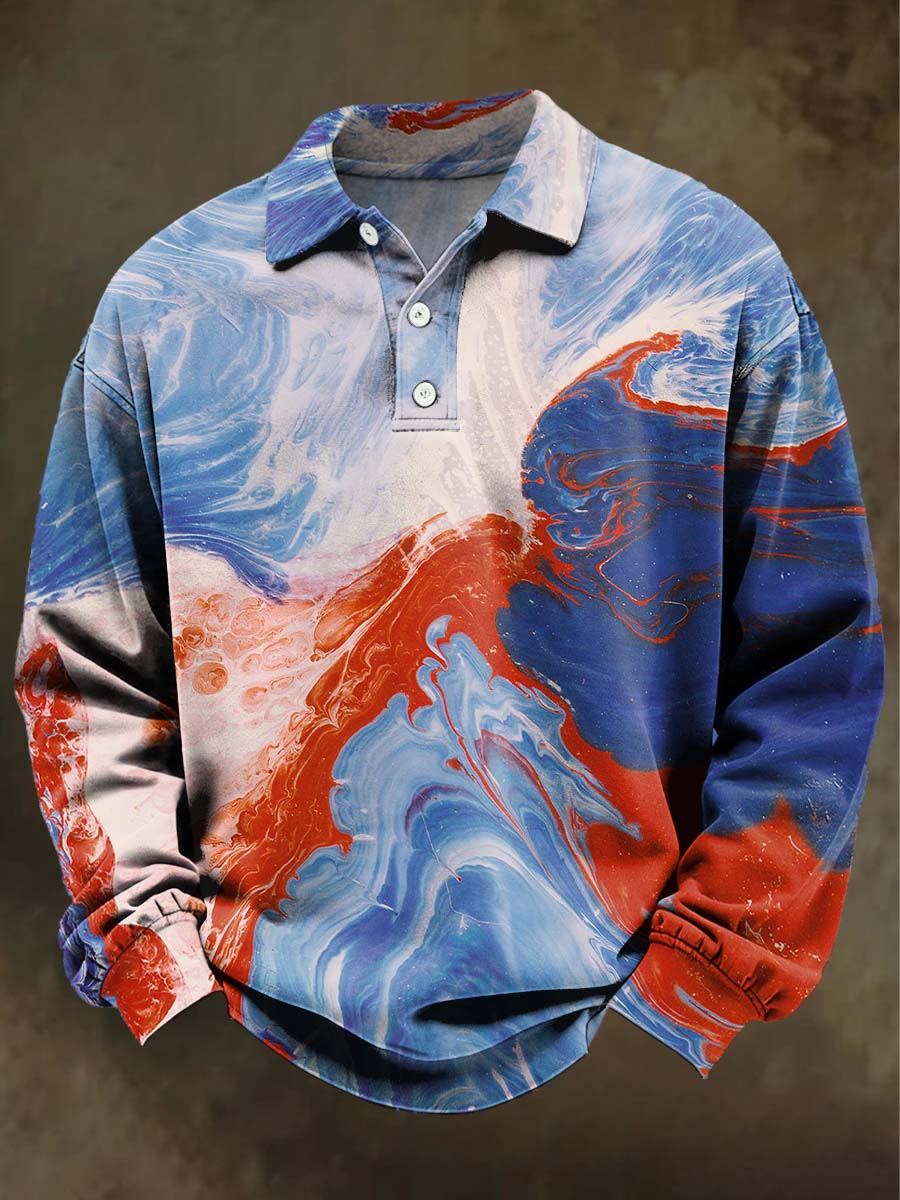 Abstract Color-Blocked Fluid Print Casual Long-Sleeve Polo Shirt