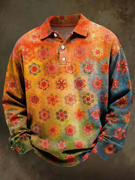 Abstract Vintage Gradient Floral Print Casual Long-Sleeve Polo Shirt