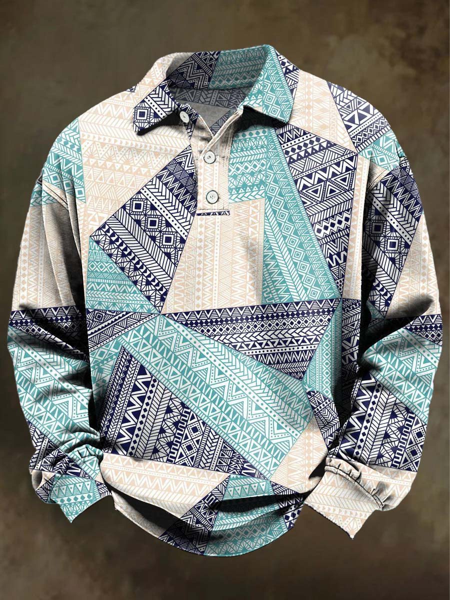 Abstract Vintage Ethnic Geometric Print Casual Long-Sleeve Polo Shirt
