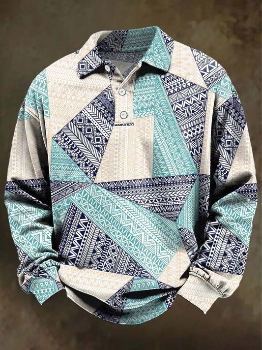 Abstract Vintage Ethnic Geometric Print Casual Long-Sleeve Polo Shirt