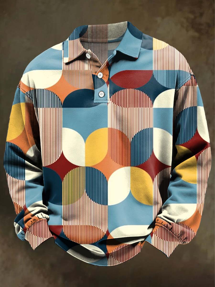 Abstract Geometric Print Casual Long-Sleeve Polo Shirt