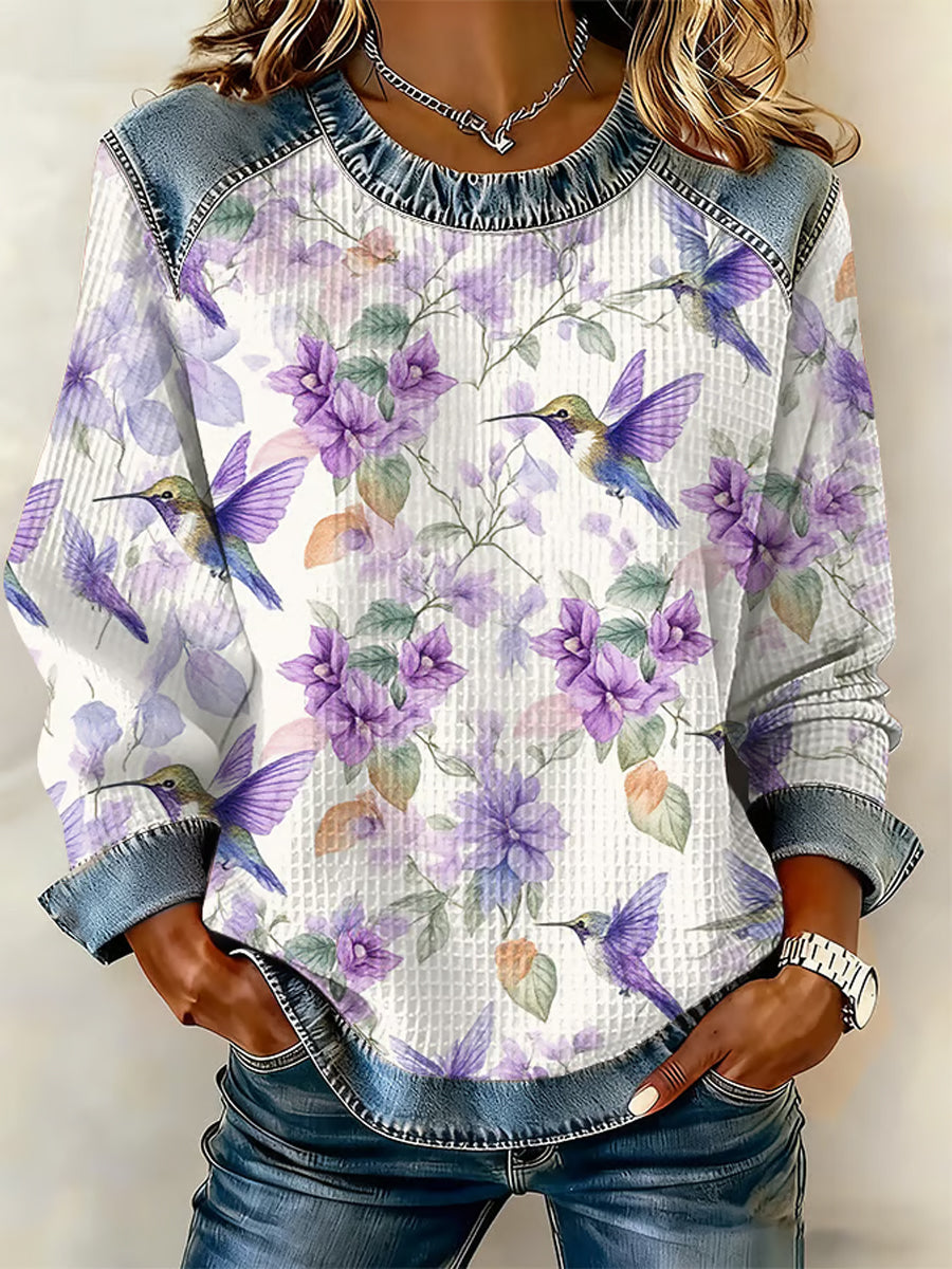 Women's Purple Flora Art Print Waffle Sweatshirt