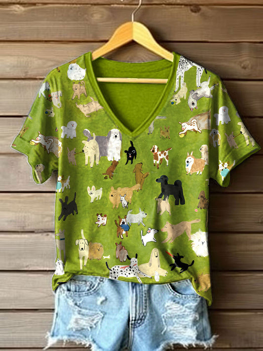 Women's Cute Dog Oil Painting Art Print V-Neck T-Shirt