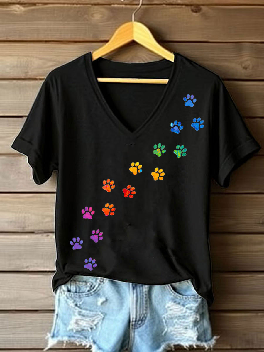 Women's colorful dog paw T-shirt