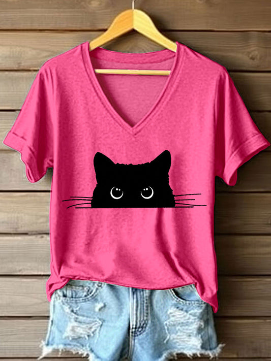 Women's Cute Cat Print V-Neck T-Shirt