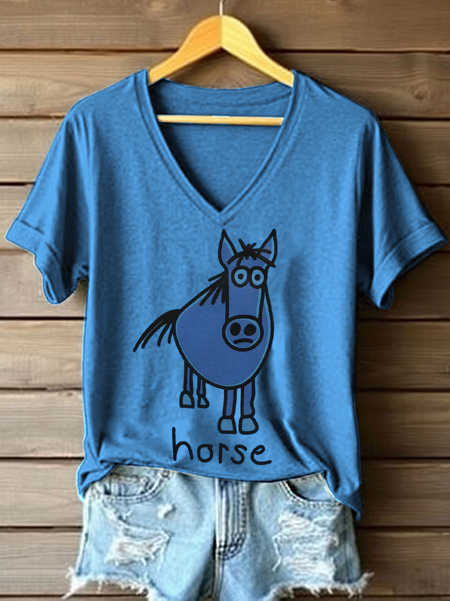 Women's Funny Horse Print V-Neck T-Shirt
