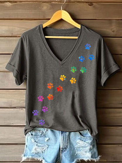 Women's colorful dog paw T-shirt