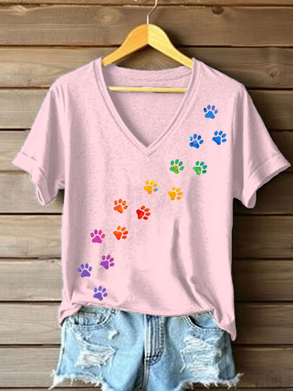 Women's colorful dog paw T-shirt