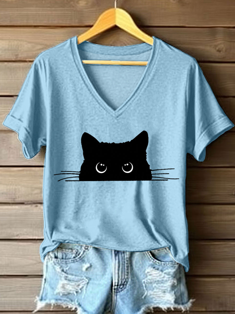 Women's Cute Cat Print V-Neck T-Shirt