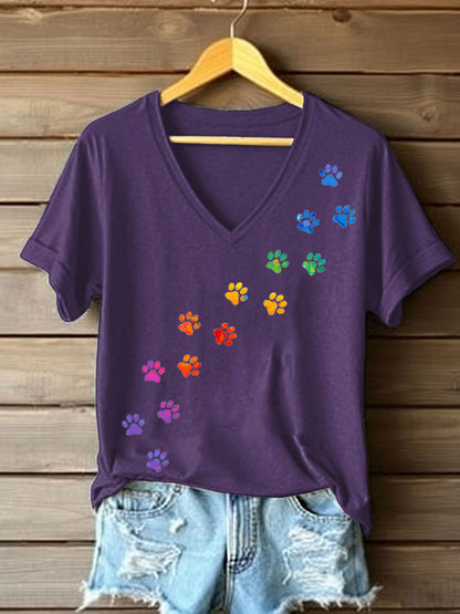 Women's colorful dog paw T-shirt